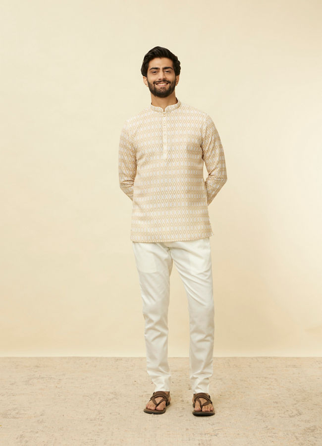 alt message - Manyavar Men Buttercream Harlequin Printed Short Kurta image number 2