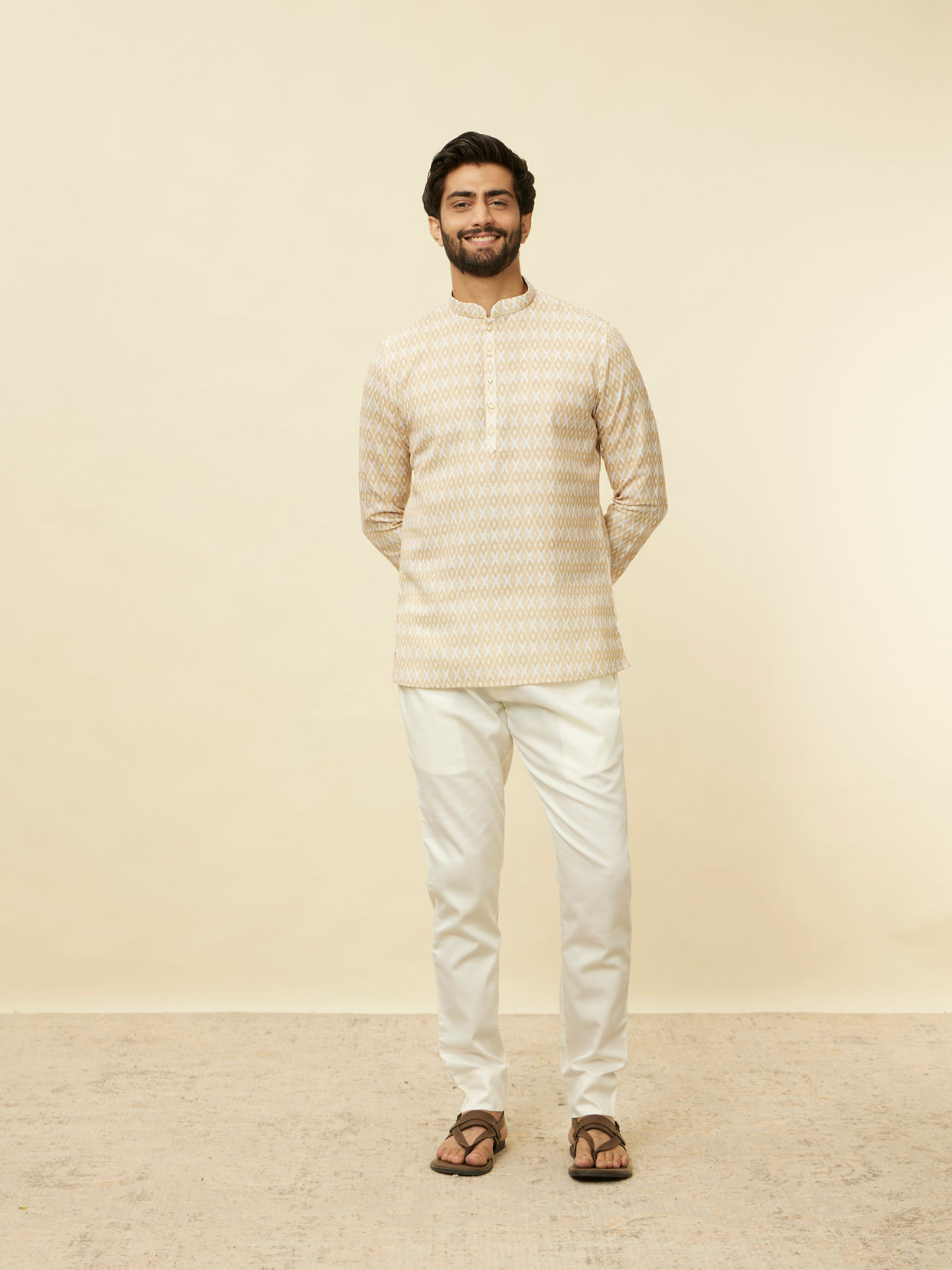 alt message - Manyavar Men Buttercream Harlequin Printed Short Kurta image number 2