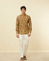 alt message - Manyavar Men Sepia Yellow Bel Buti Printed Short Kurta image number 2