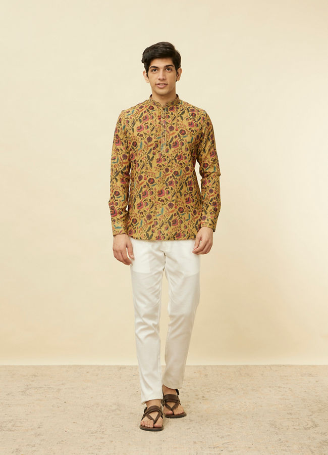 alt message - Manyavar Men Sepia Yellow Bel Buti Printed Short Kurta image number 2