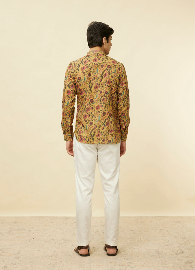 Manyavar Men Sepia Yellow Bel Buti Printed Short Kurta