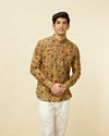 alt message - Manyavar Men Sepia Yellow Bel Buti Printed Short Kurta image number 0