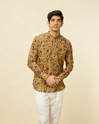 Manyavar Men Sepia Yellow Bel Buti Printed Short Kurta