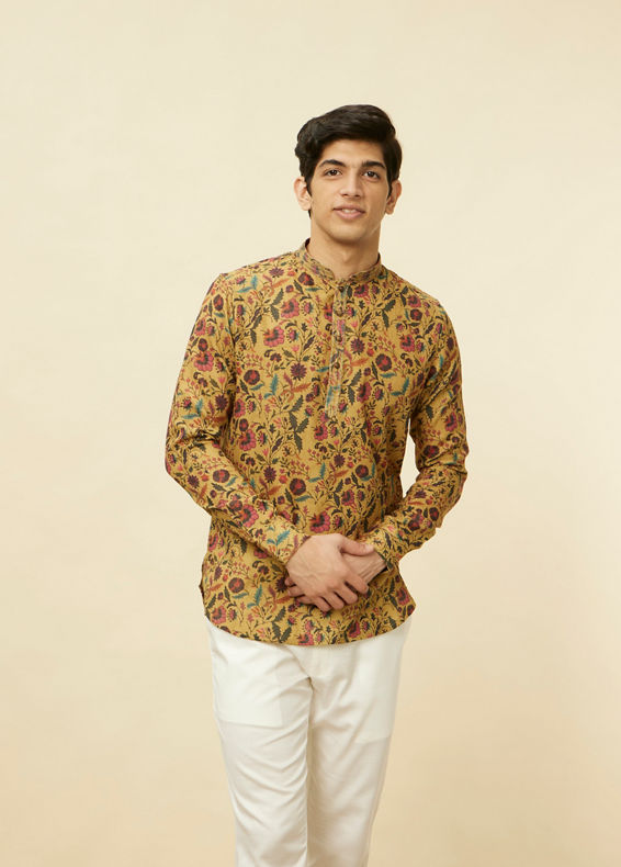 Manyavar Men Sepia Yellow Bel Buti Printed Short Kurta