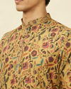 alt message - Manyavar Men Sepia Yellow Bel Buti Printed Short Kurta image number 1