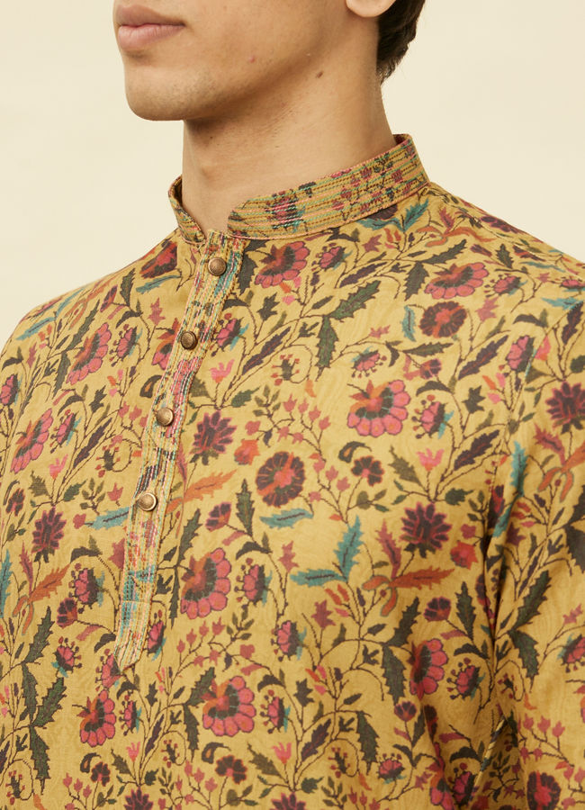 Manyavar Men Sepia Yellow Bel Buti Printed Short Kurta