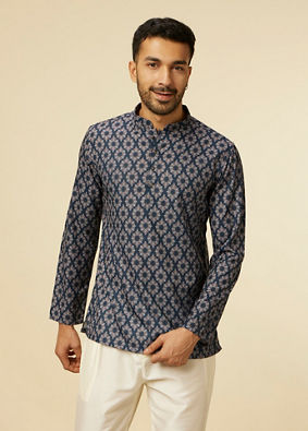 alt message - Manyavar Men Dark Blue Jaal and Medallion Short Kurta image number 0