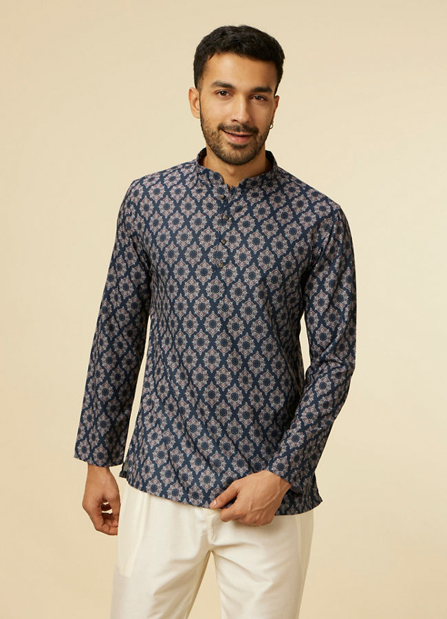 alt message - Manyavar Men Dark Blue Jaal and Medallion Short Kurta image number 0