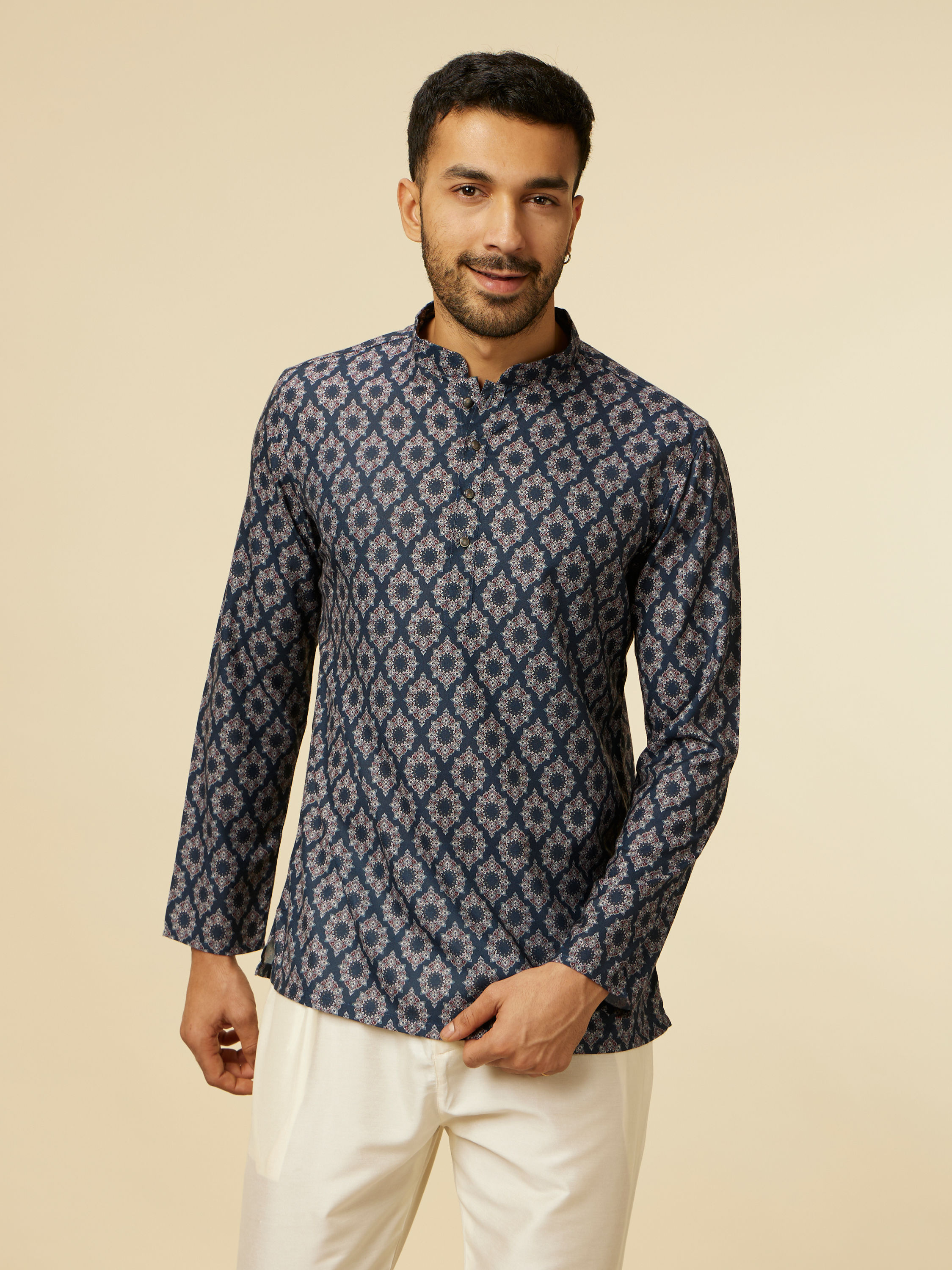 Manyavar Men Dark Blue Jaal and Medallion Short Kurta