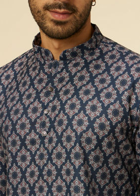 alt message - Manyavar Men Dark Blue Jaal and Medallion Short Kurta image number 1