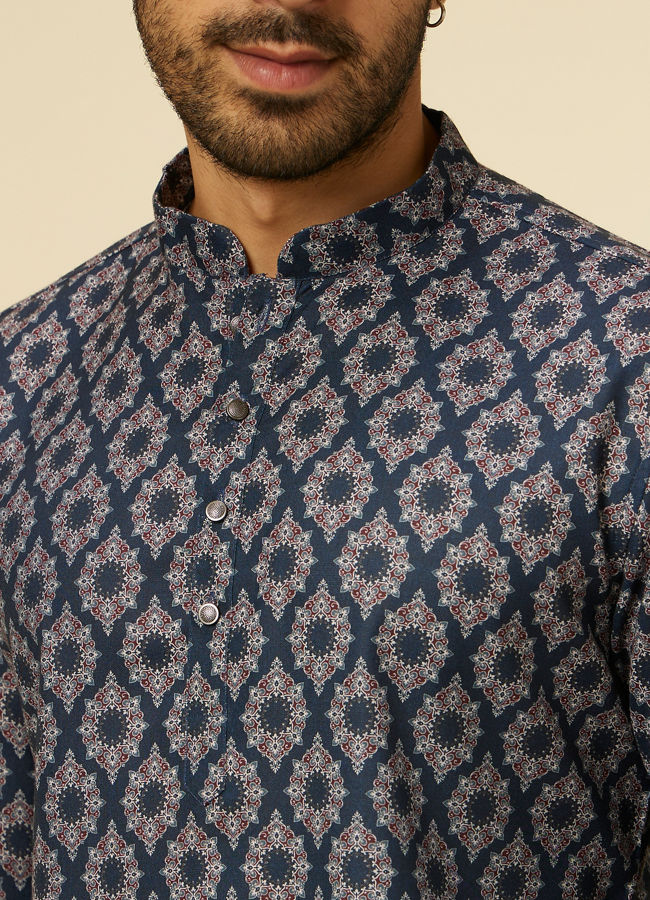 alt message - Manyavar Men Dark Blue Jaal and Medallion Short Kurta image number 1