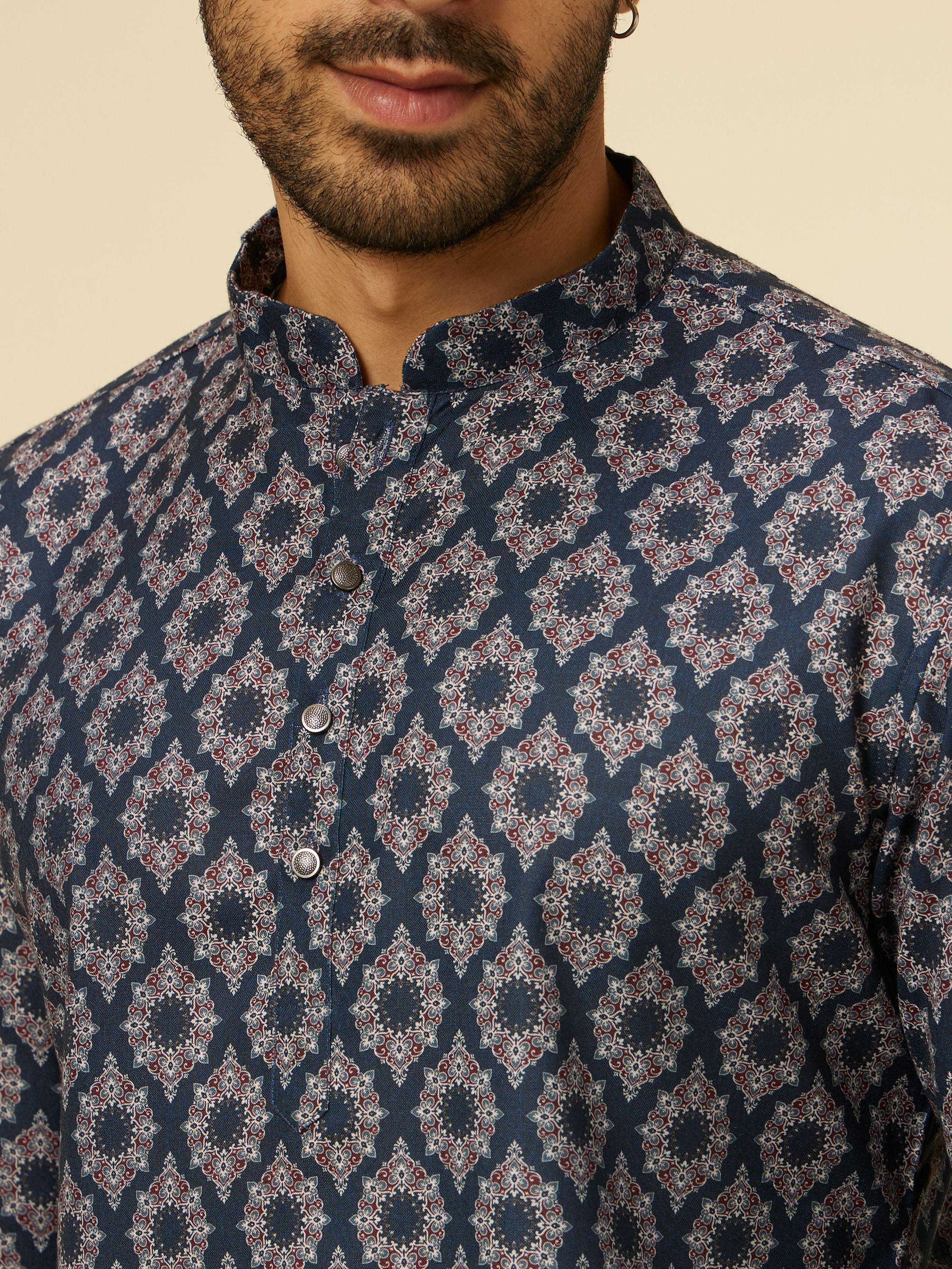 Manyavar Men Dark Blue Jaal and Medallion Short Kurta