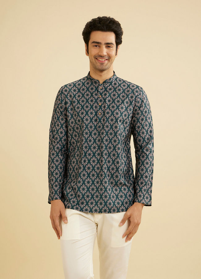 Manyavar Men Bottle Green Jaal and Medallion Patterned Short Kurta