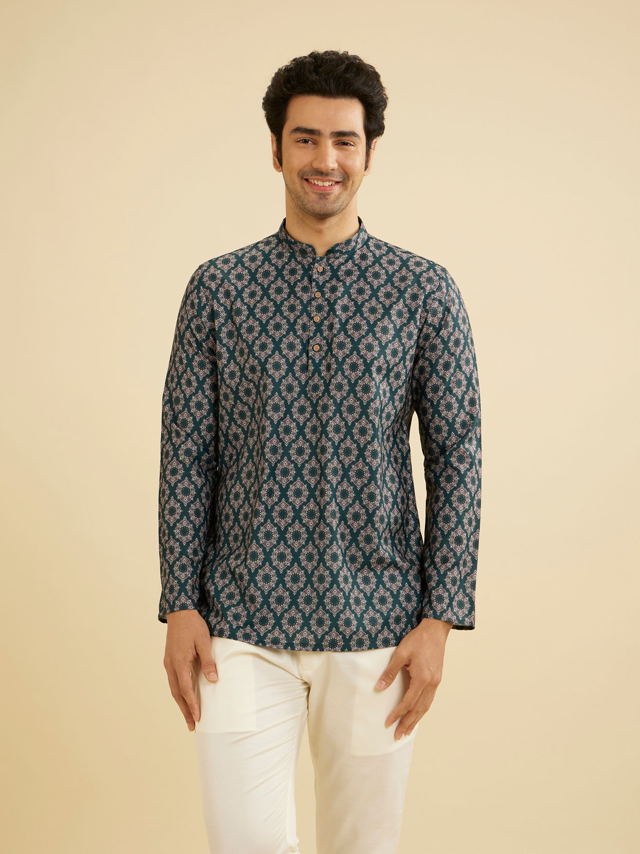 Manyavar Men Bottle Green Jaal and Medallion Patterned Short Kurta
