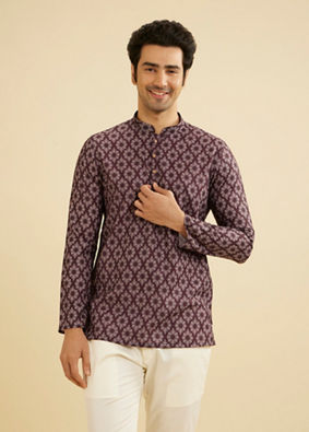 Manyavar Men Wine Red Jaal and Medallion Patterned Short Kurta