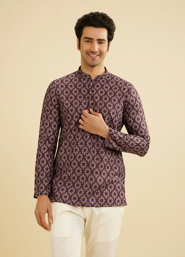 Manyavar Men Regal Wine Short Kurta image number 0