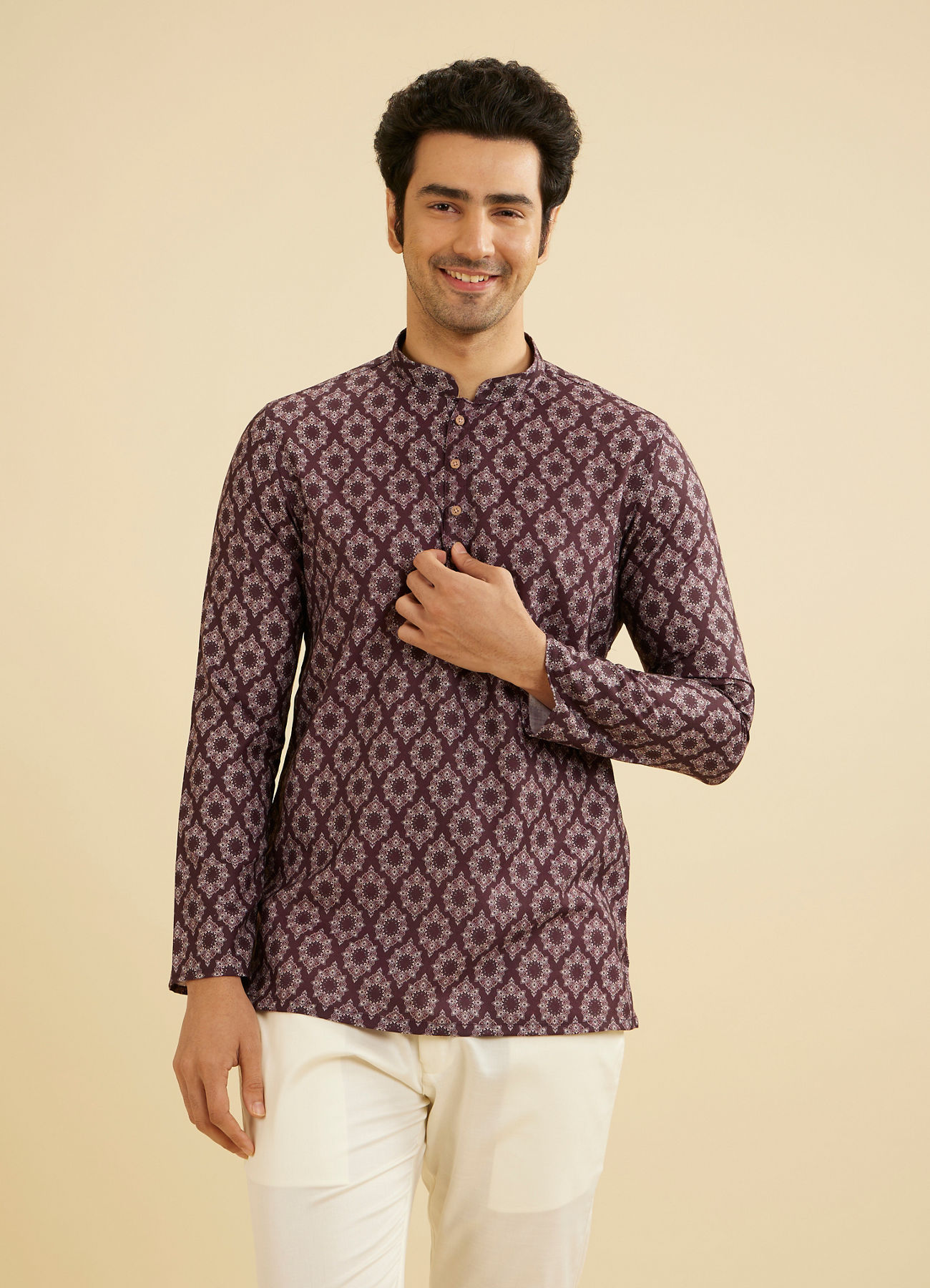 Manyavar Men Wine Red Jaal and Medallion Patterned Short Kurta