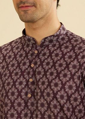 Manyavar Men Wine Red Jaal and Medallion Patterned Short Kurta