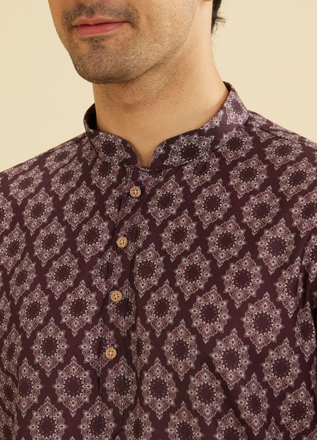 Manyavar Men Wine Red Jaal and Medallion Patterned Short Kurta