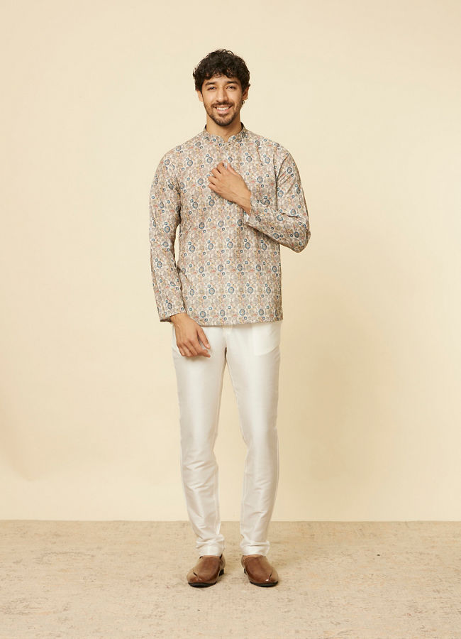 Manyavar Men Beige Buta Printed Short Kurta