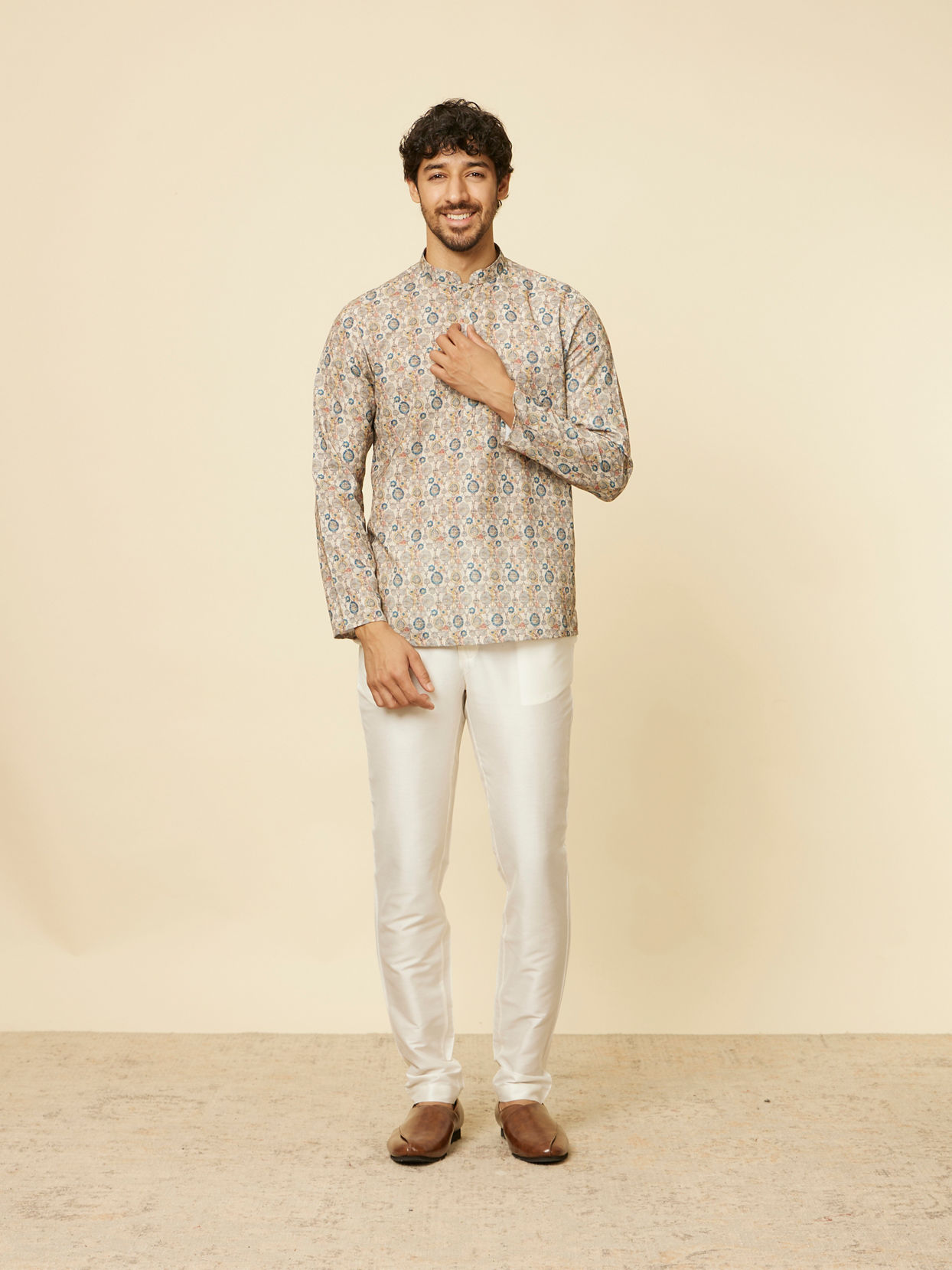 Manyavar Men Beige Buta Printed Short Kurta