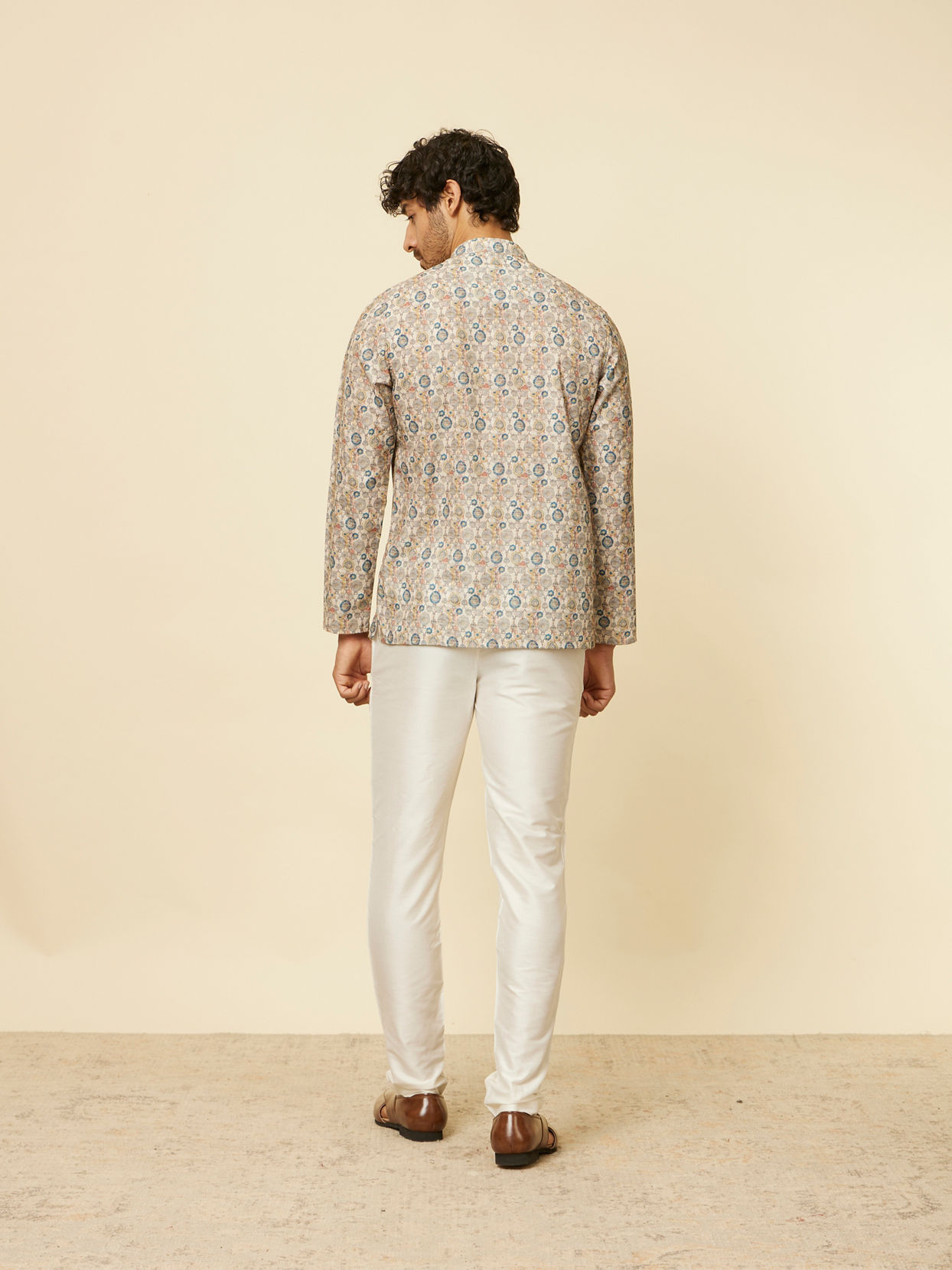 Manyavar Men Beige Buta Printed Short Kurta