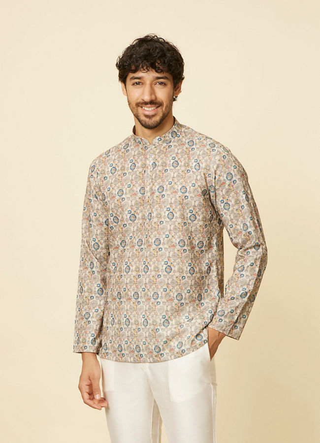 alt message - Manyavar Men Beige Buta Printed Short Kurta image number 0