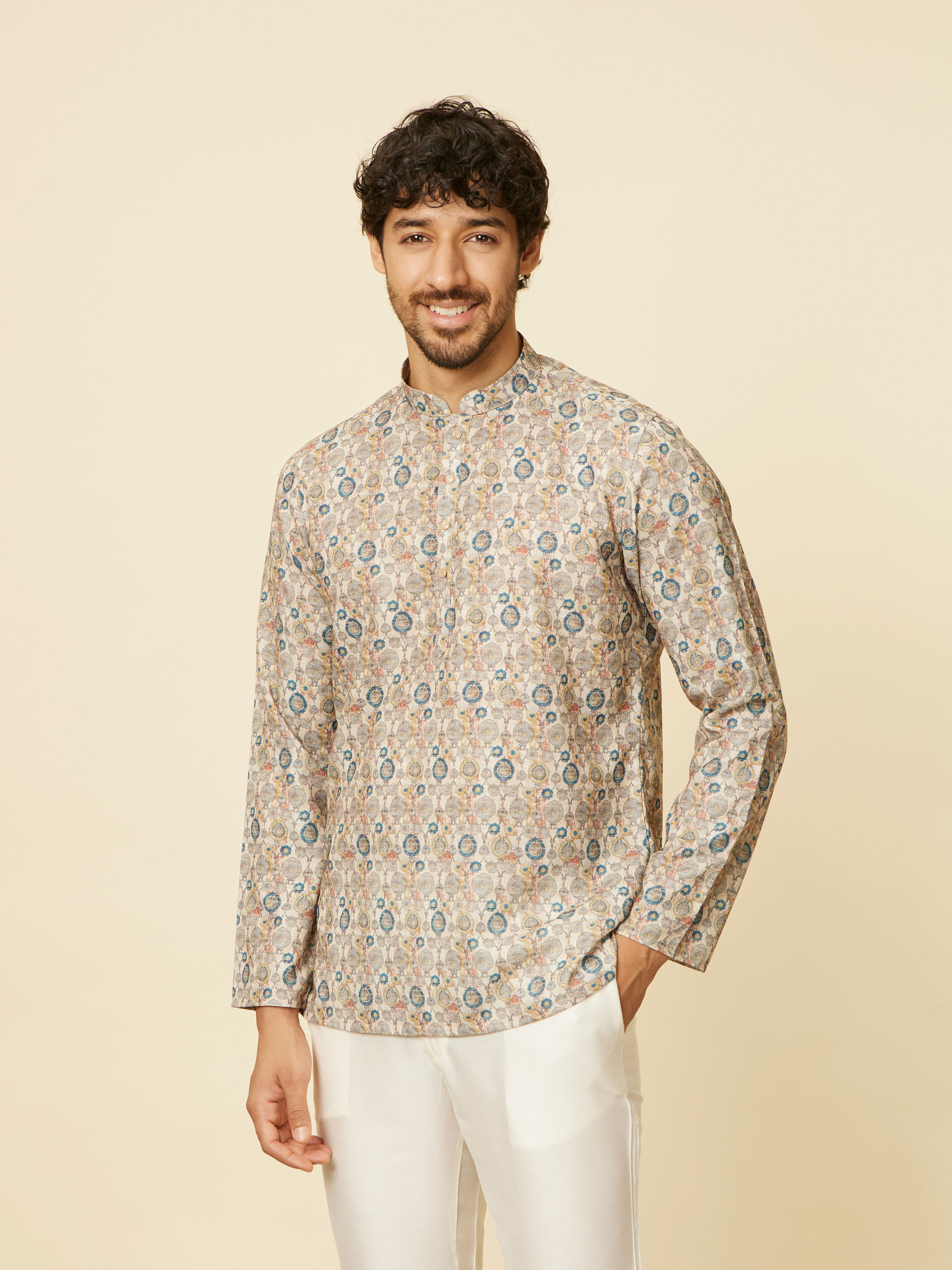 Manyavar Men Beige Buta Printed Short Kurta