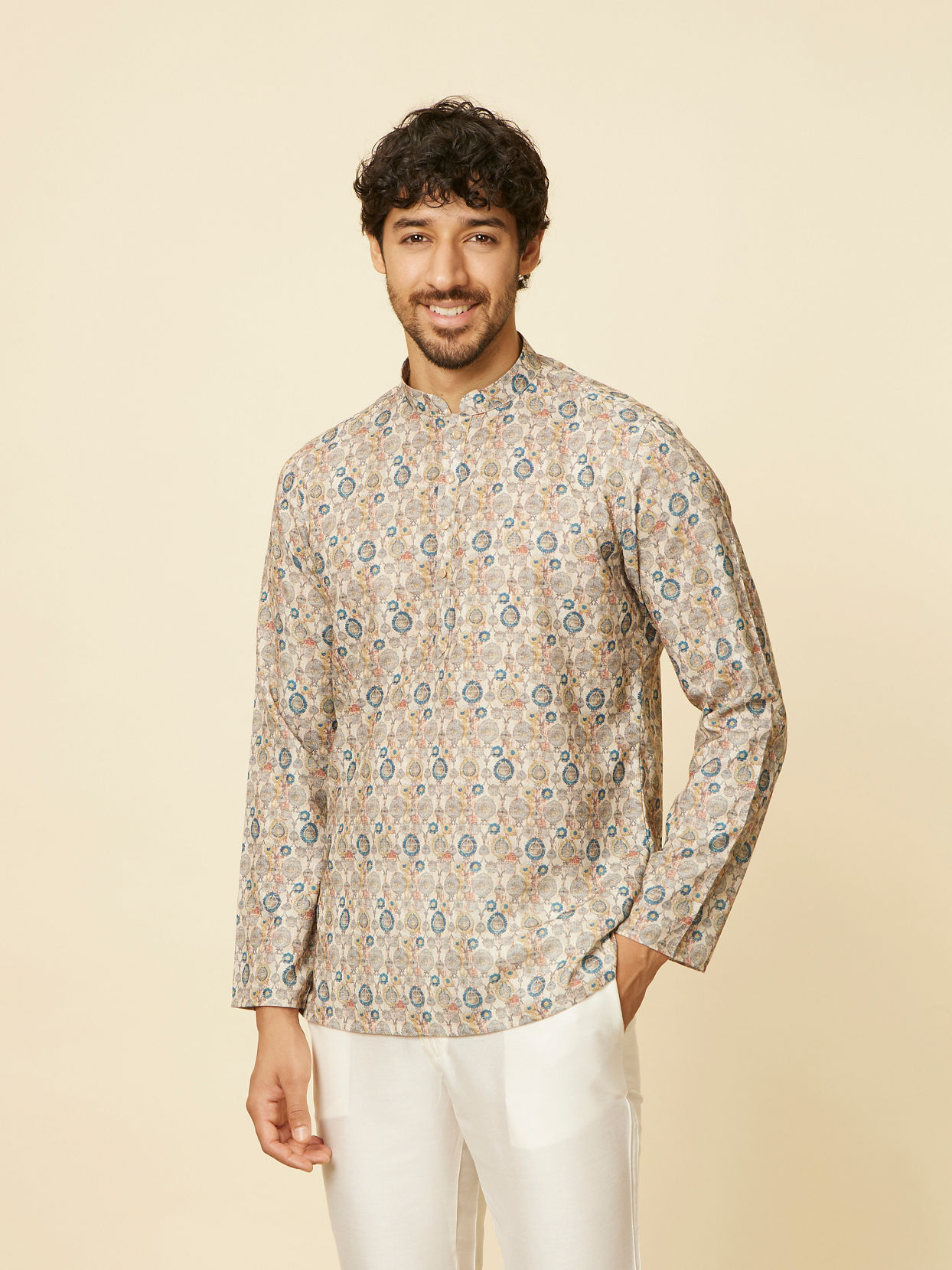 alt message - Manyavar Men Beige Buta Printed Short Kurta image number 0