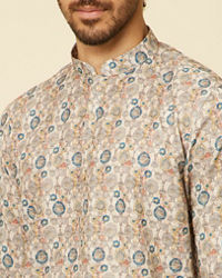 Manyavar Men Beige Buta Printed Short Kurta