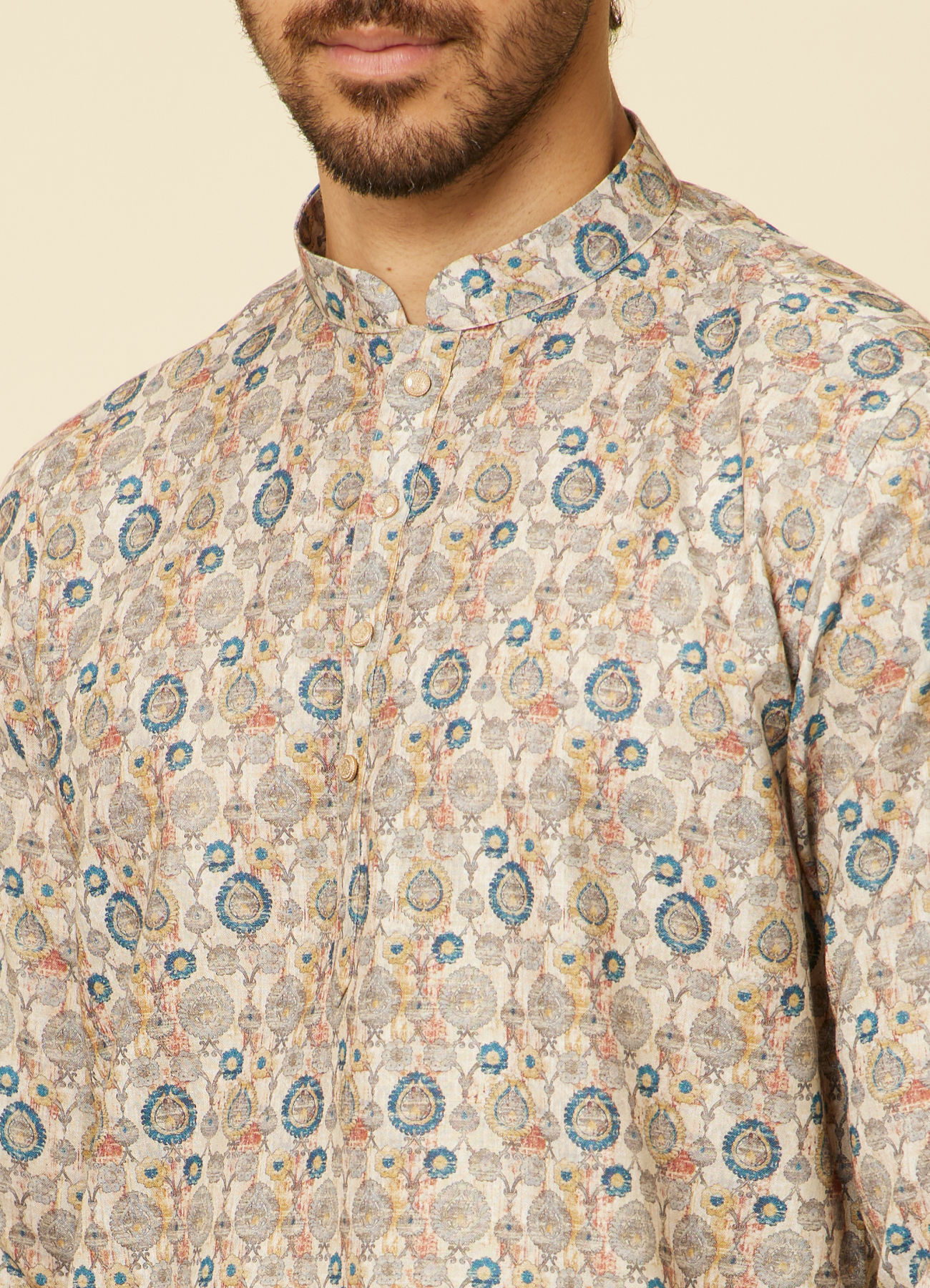 Manyavar Men Beige Buta Printed Short Kurta