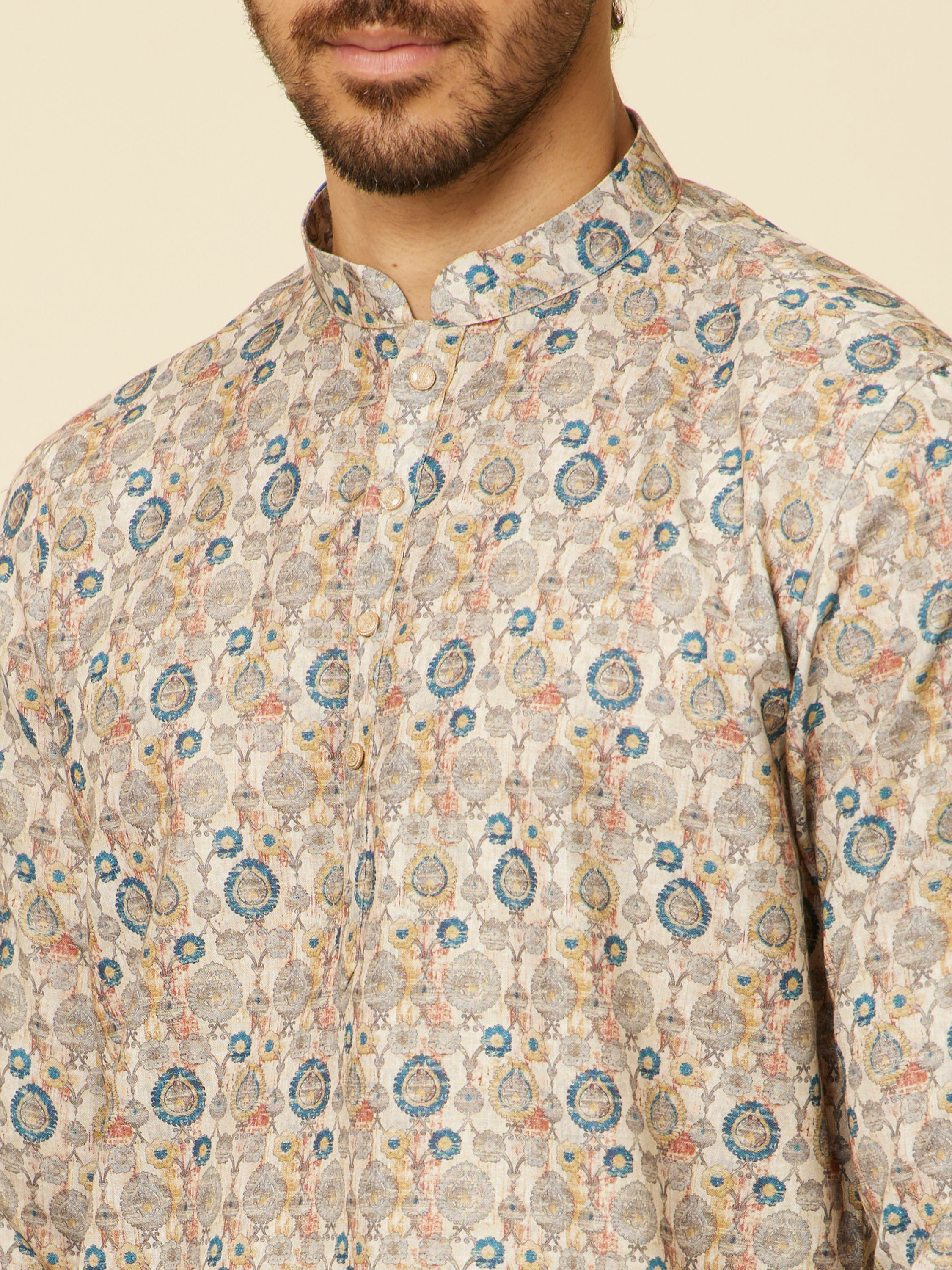 Manyavar Men Beige Buta Printed Short Kurta