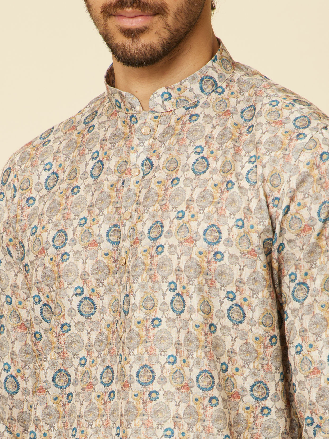 alt message - Manyavar Men Beige Buta Printed Short Kurta image number 1