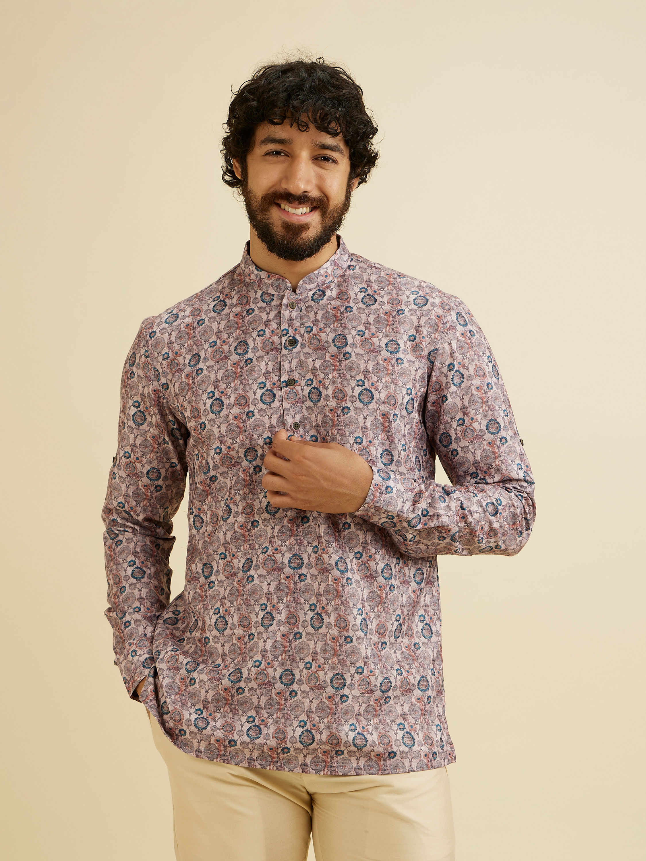 Manyavar Men Peach Elegance Cotton Kurta