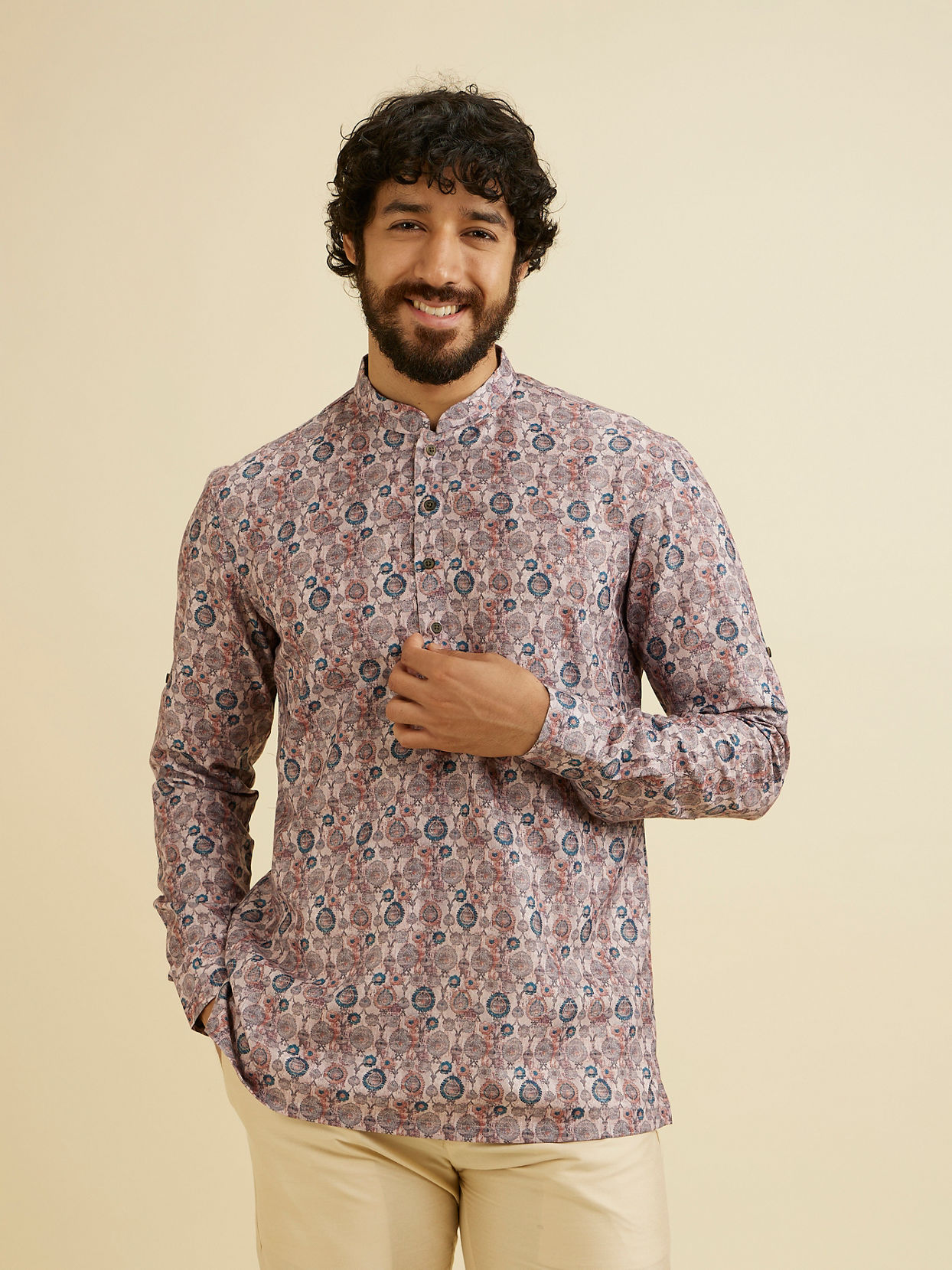 alt message - Manyavar Men Peach Elegance Cotton Kurta image number 0