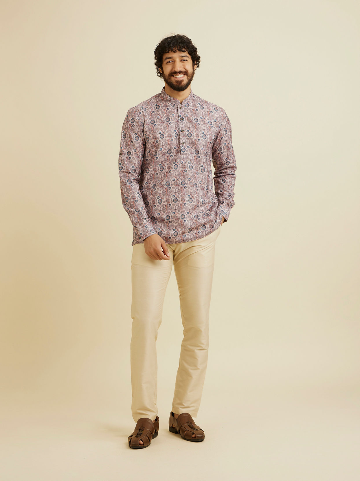 alt message - Manyavar Men Peach Elegance Cotton Kurta image number 2