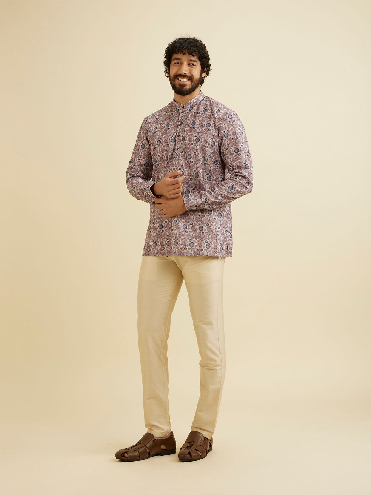 alt message - Manyavar Men Peach Elegance Cotton Kurta image number 3