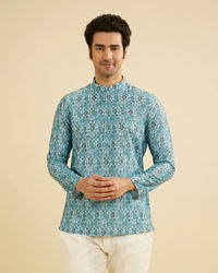 Manyavar Men Turquoise Blue Buta Printed Short Kurta