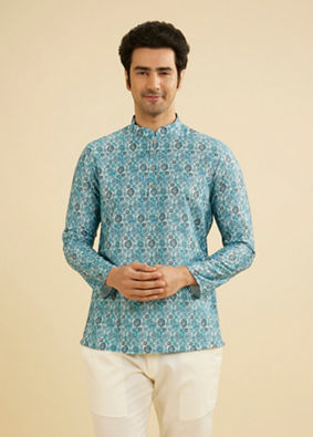 Manyavar Men Turquoise Blue Elegance Kurta image number 0