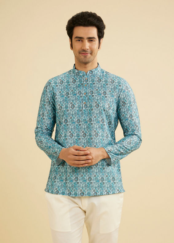 Manyavar Men Turquoise Blue Buta Printed Short Kurta