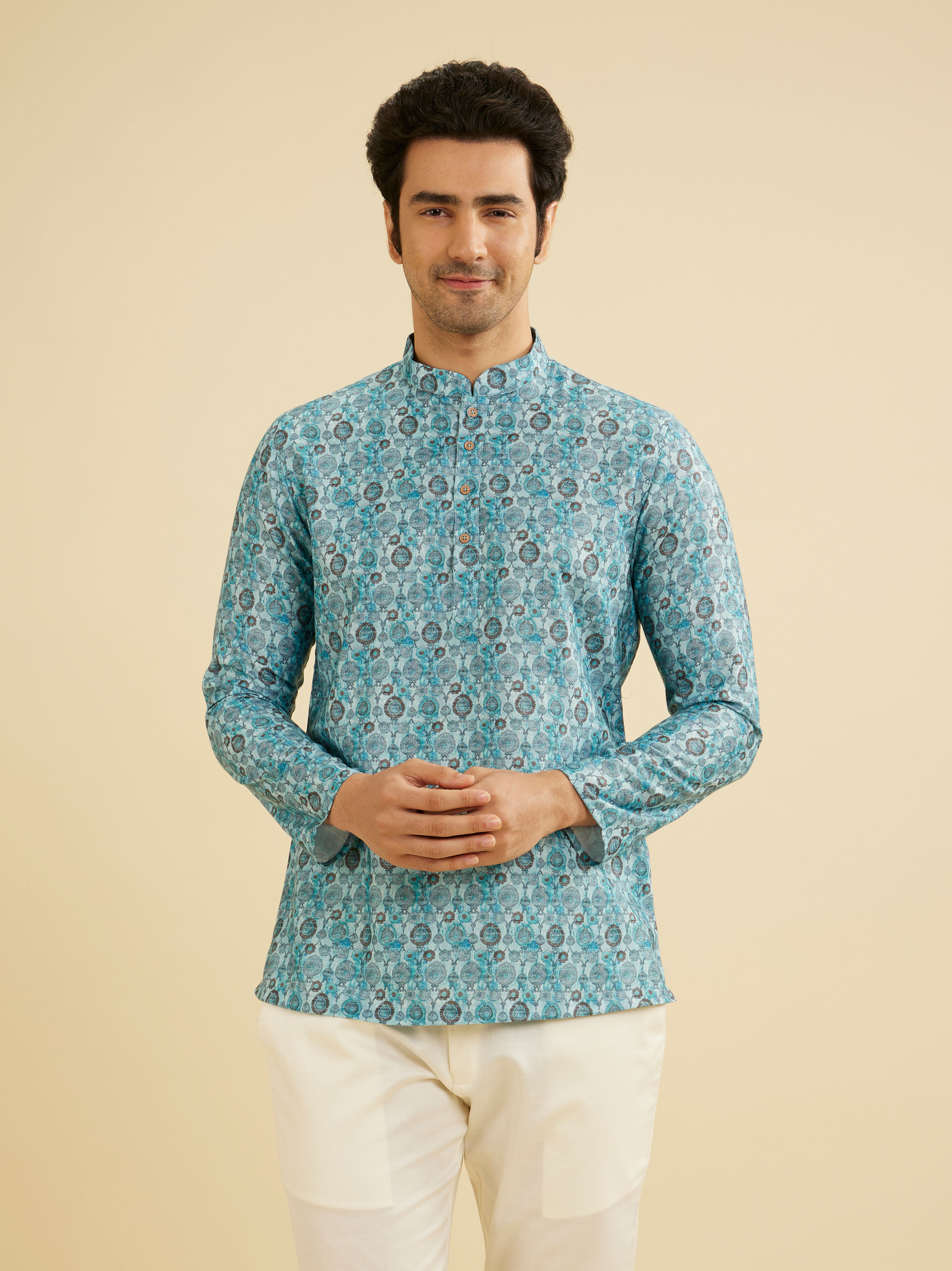 Manyavar Men Turquoise Blue Buta Printed Short Kurta