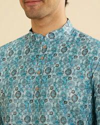 Manyavar Men Turquoise Blue Buta Printed Short Kurta