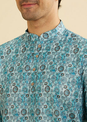 Manyavar Men Turquoise Blue Buta Printed Short Kurta