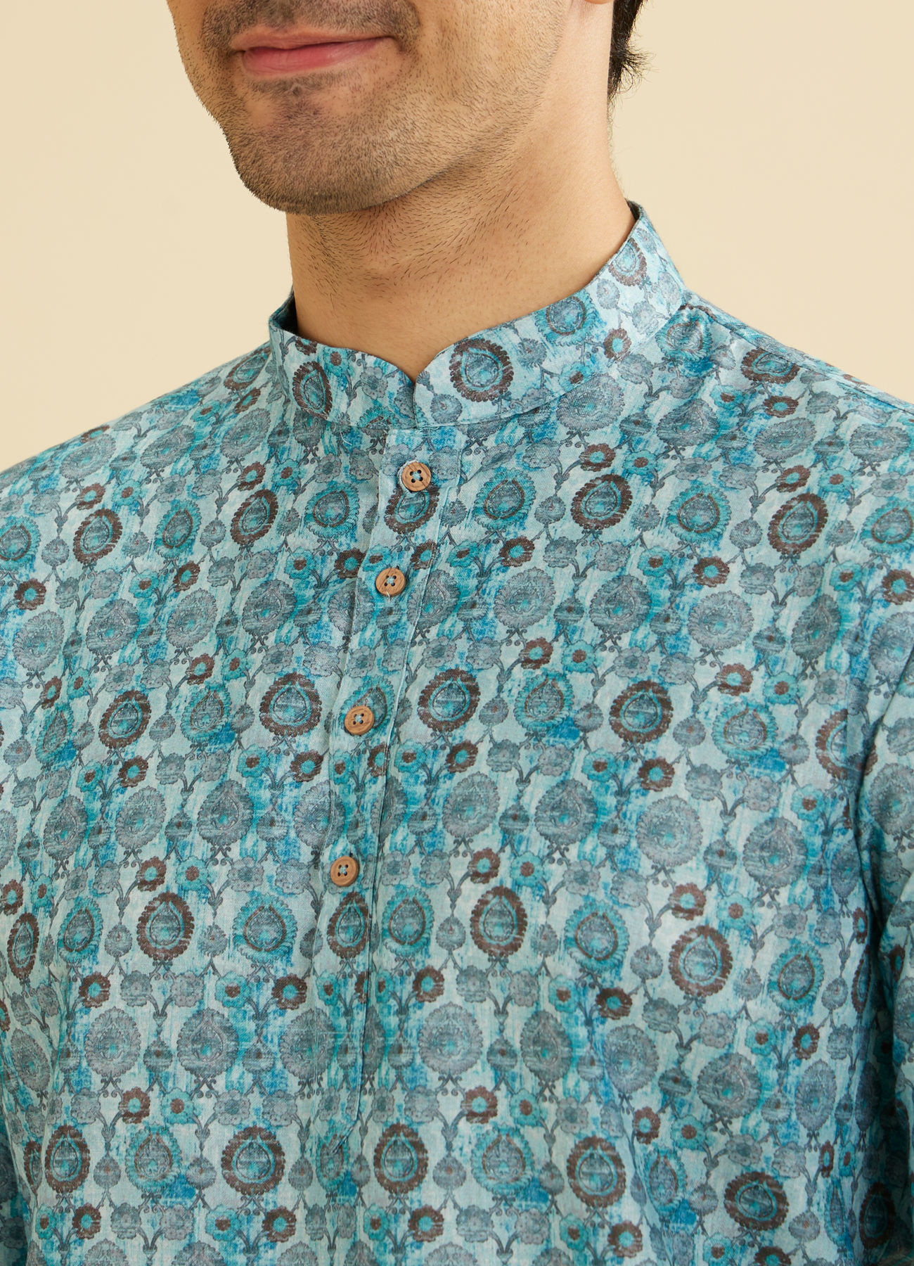 Manyavar Men Turquoise Blue Buta Printed Short Kurta