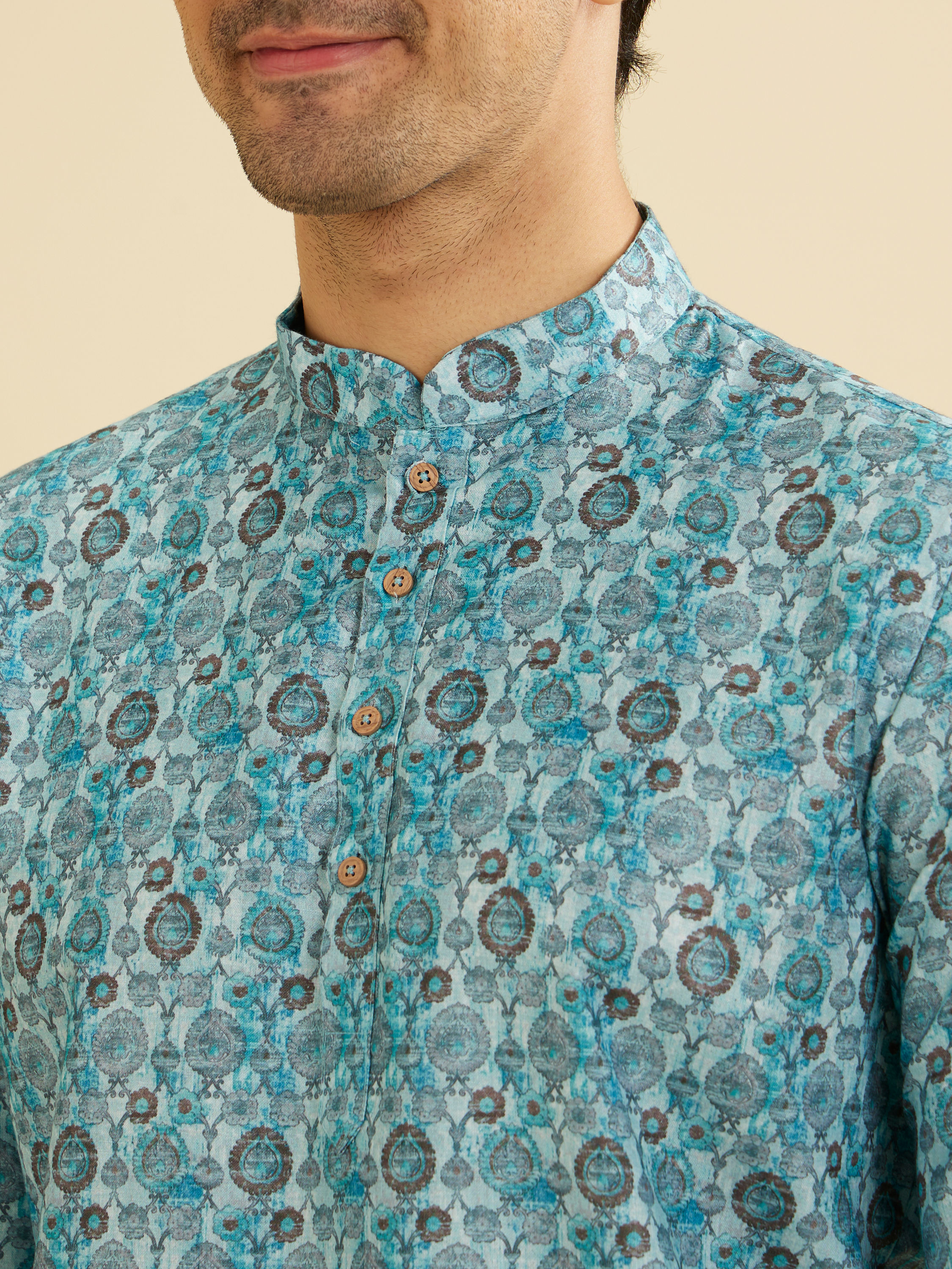 Manyavar Men Turquoise Blue Buta Printed Short Kurta