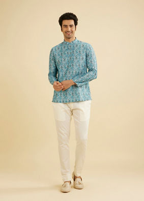 Manyavar Men Turquoise Blue Elegance Kurta image number 2