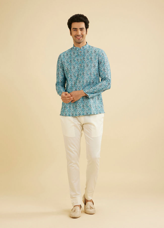 Manyavar Men Turquoise Blue Buta Printed Short Kurta