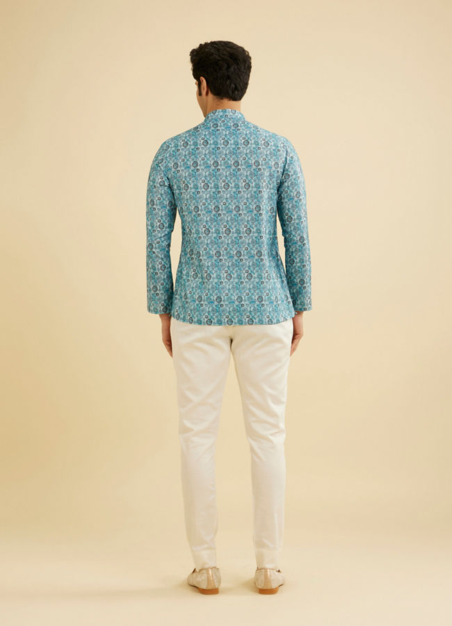 Manyavar Men Turquoise Blue Buta Printed Short Kurta