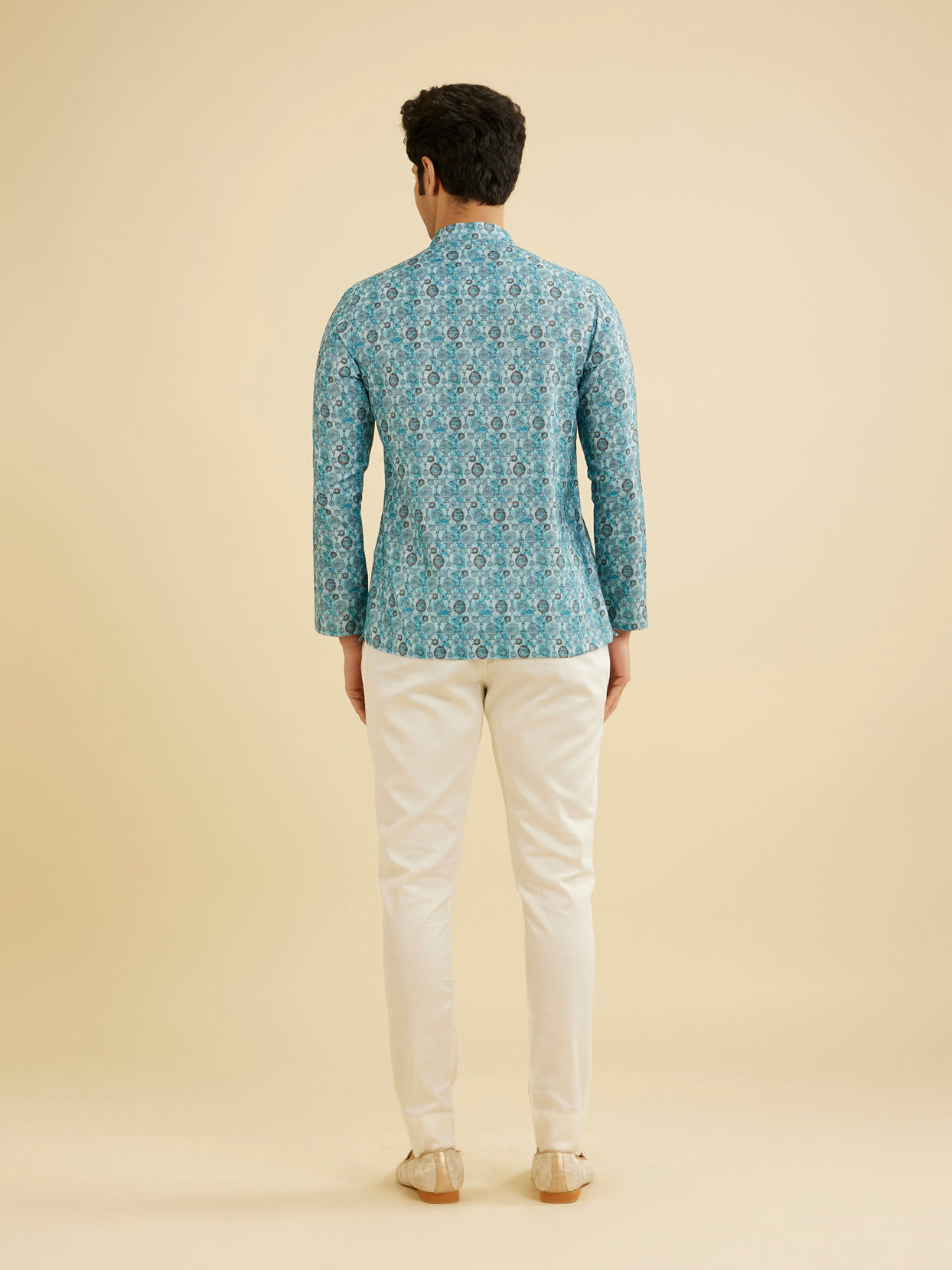 Manyavar Men Turquoise Blue Buta Printed Short Kurta