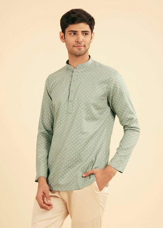 Manyavar Men Aqua Green Buta Print Short Kurta